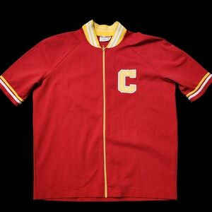 Men's Red Varsity Jacket with Yellow Trim Vintage 80s Or 70s Flames Hockey Style